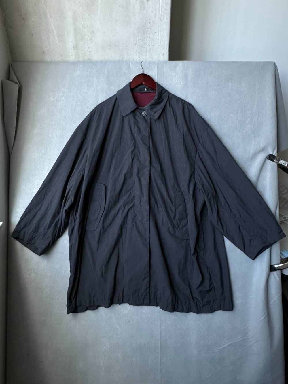 Uniqlo +J Jil Sander Nylon Swing Coat Womens M Gray Oversized A-Line Mesh Lined